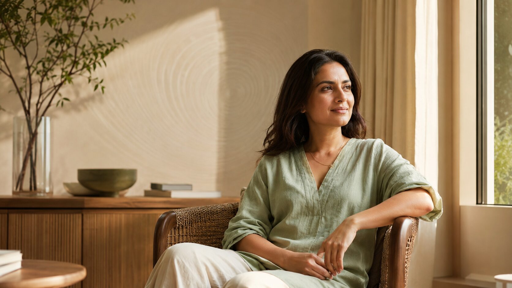 Thoughtful Indian woman in a calm reflective setting