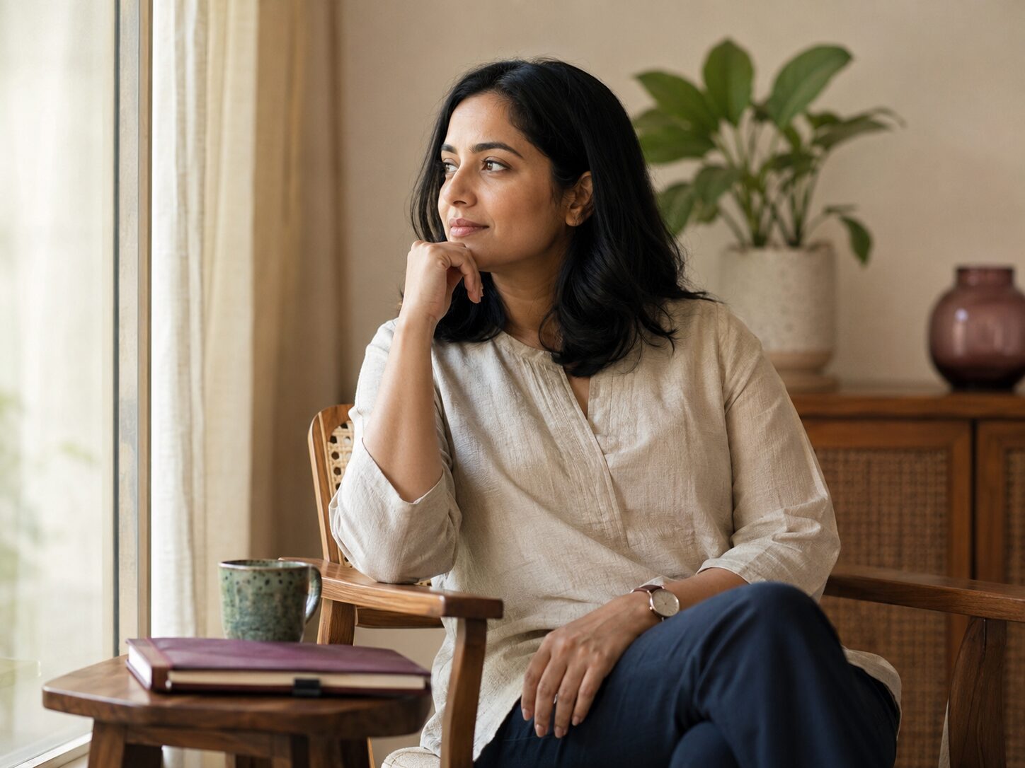 Thoughtful Indian adult in calm reflective space